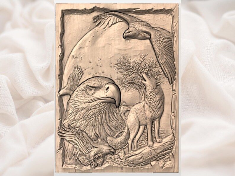 Bald Eagle and Howling Wolf Moonlit Wilderness Relief STL bas-relief STL — view 3