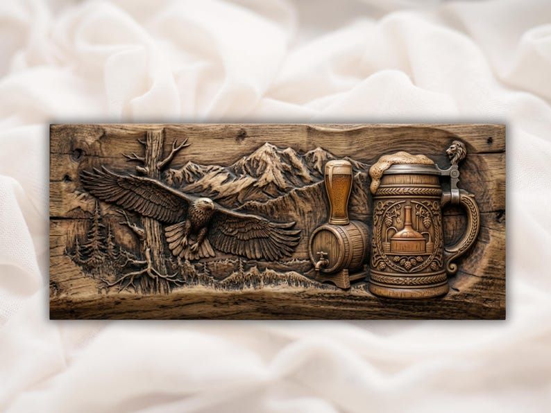 Carved wood relief of a bald eagle over mountains beside a beer stein, foaming glass, and oak keg.