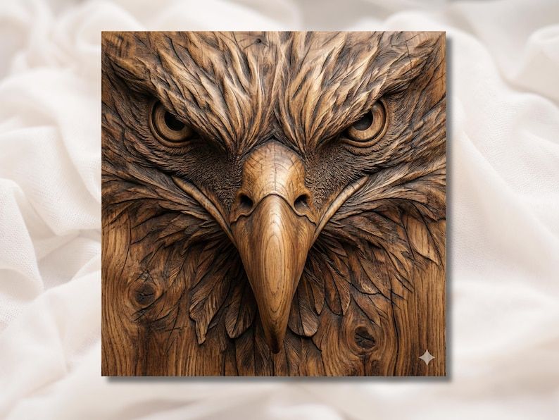 Carved wood bas-relief of a bald eagle head close-up with sharp eyes, hooked beak, and layered feathers