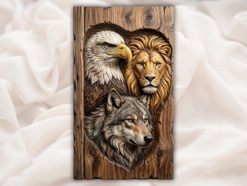 Carved wood relief of a bald eagle, a lion, and a wolf grouped together on a rustic plank panel