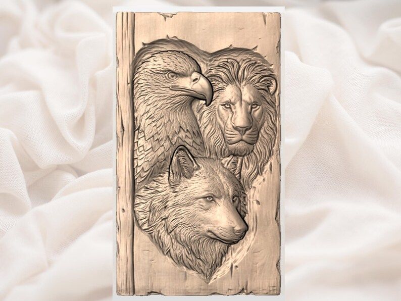 Eagle, Lion and Wolf Trio Bas-Relief STL for CNC Carving bas-relief STL — view 3