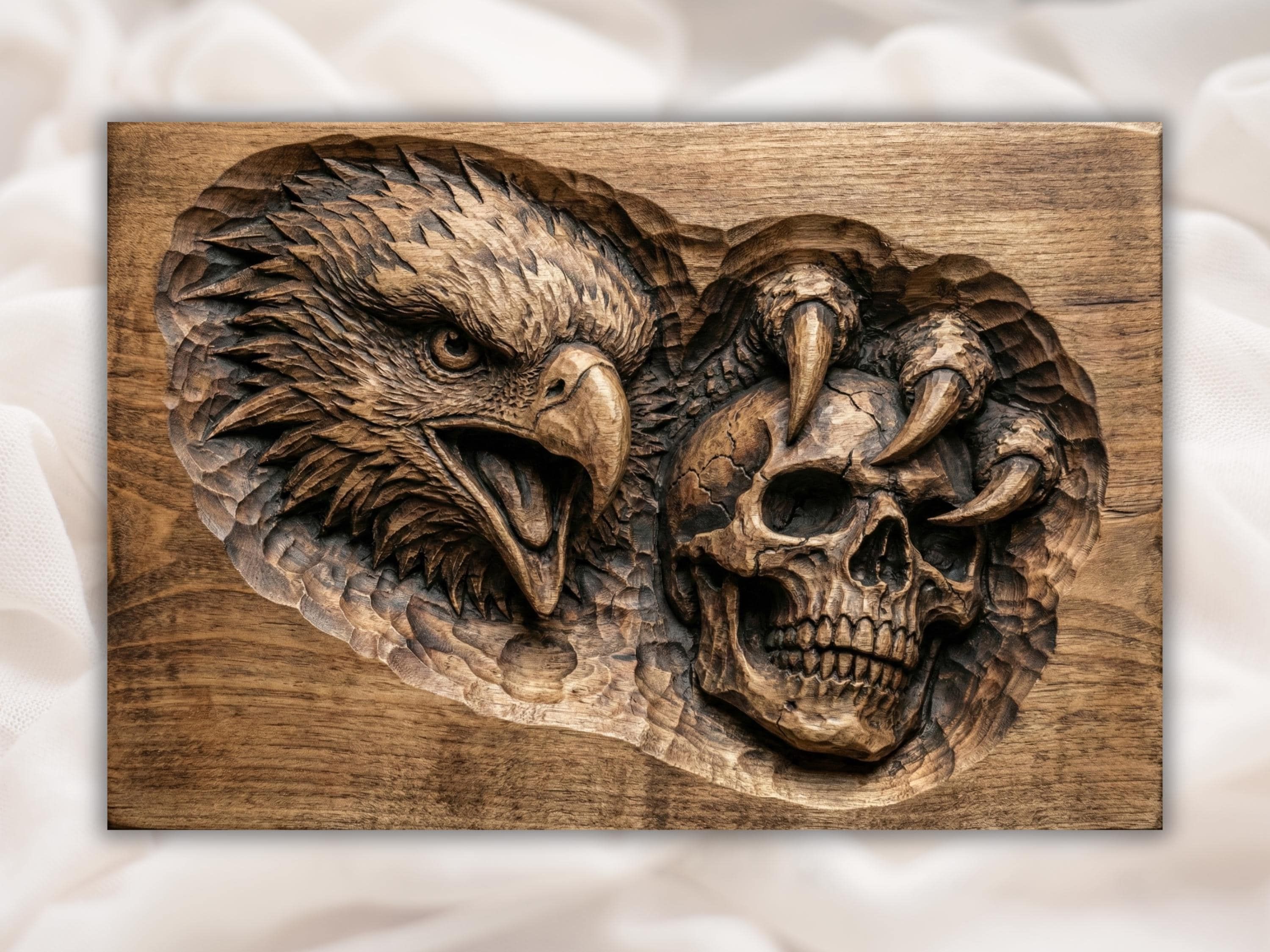 Bas-relief wood carving of a screaming eagle head beside a cracked human skull gripped by claws