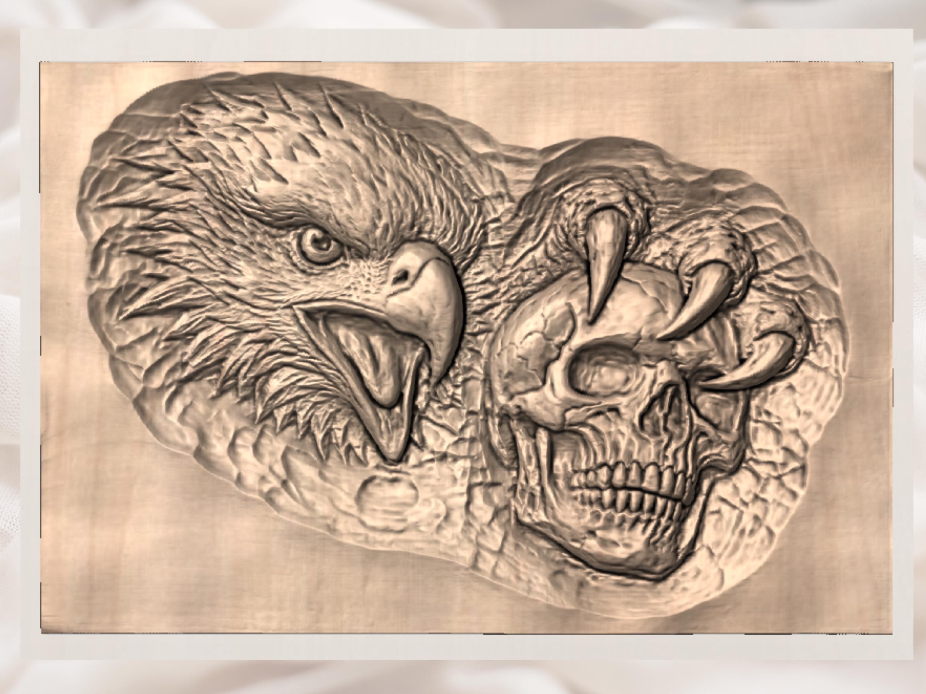 Screaming Eagle and Human Skull Bas-Relief STL Carving bas-relief STL — view 3