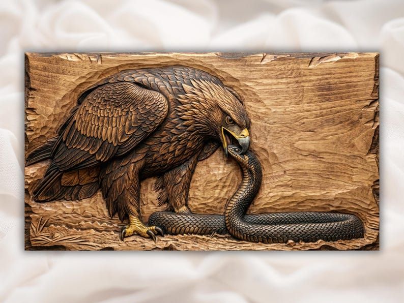 Carved wood bas-relief of a golden eagle gripping and striking a coiled snake on a panel
