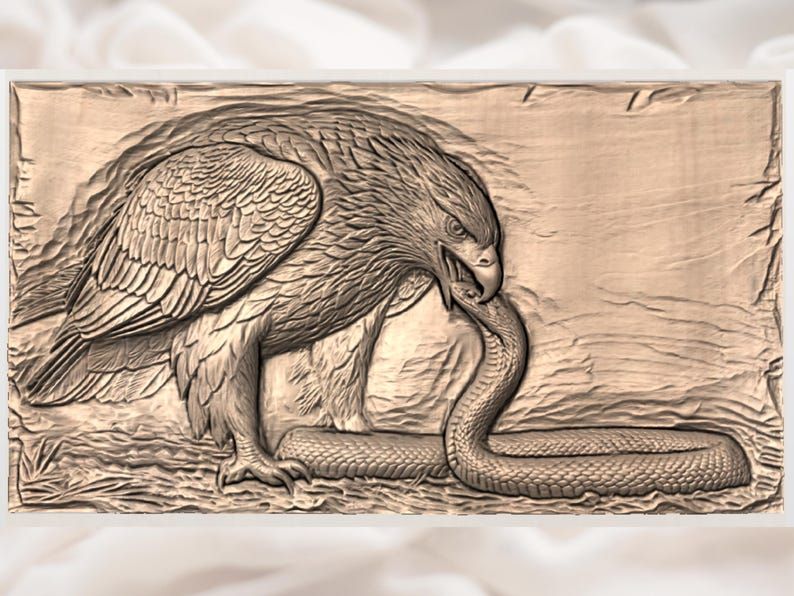 Golden Eagle Striking a Snake Bas-Relief STL Carving Panel bas-relief STL — view 3