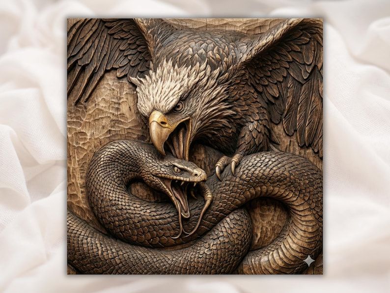 Carved wood bas-relief of a bald eagle attacking a coiled snake with open jaws and bared fangs