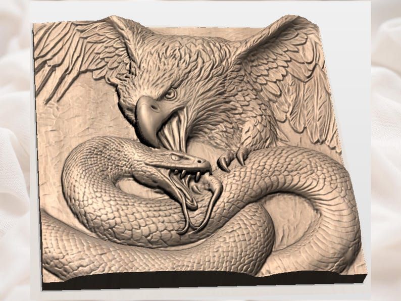 Bald Eagle Striking a Coiled Snake Bas-Relief STL Carving bas-relief STL — view 2