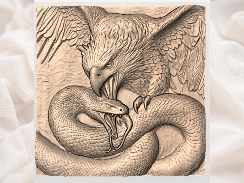 Bald Eagle Striking a Coiled Snake Bas-Relief STL Carving bas-relief STL — view 3