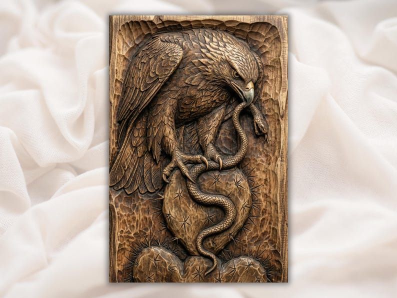 Wood bas-relief carving of an eagle biting and gripping a snake while perched on desert rocks.