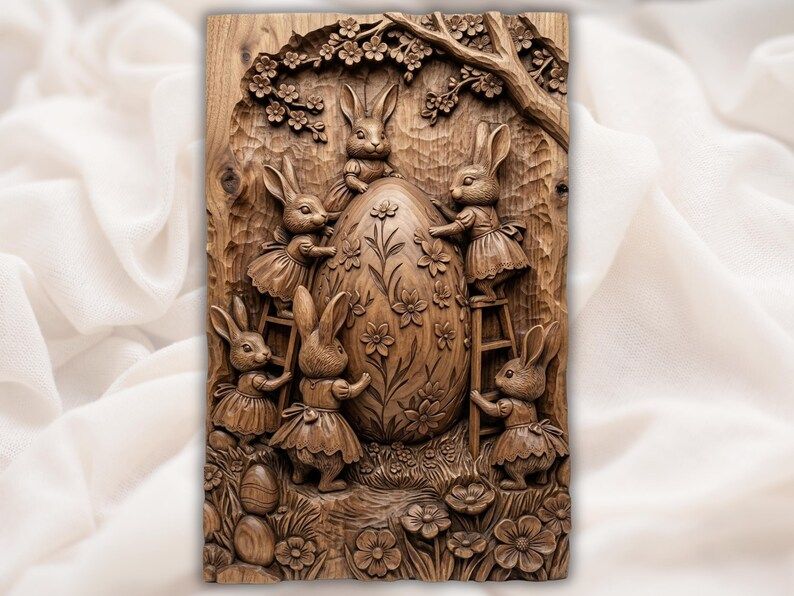 Carved wood bas-relief of Easter bunnies decorating a giant floral egg with blossoms and flowers