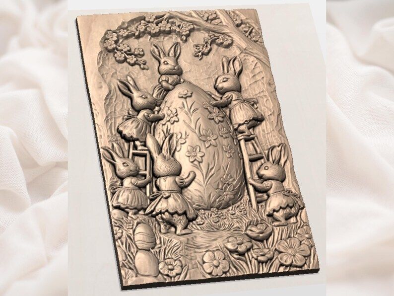 Easter Bunnies Decorating a Floral Egg Bas-Relief STL bas-relief STL — view 2