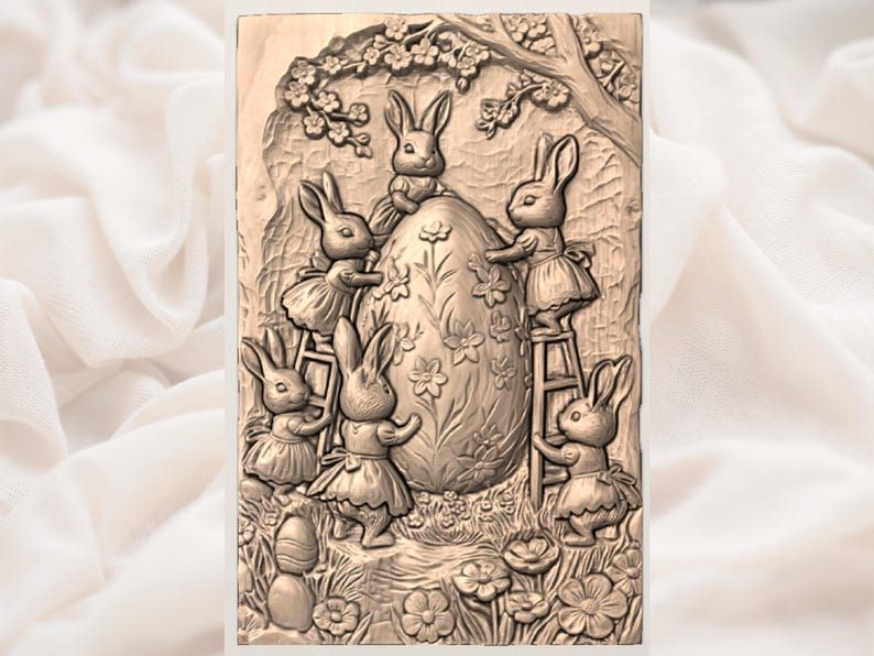 Easter Bunnies Decorating a Floral Egg Bas-Relief STL bas-relief STL — view 3