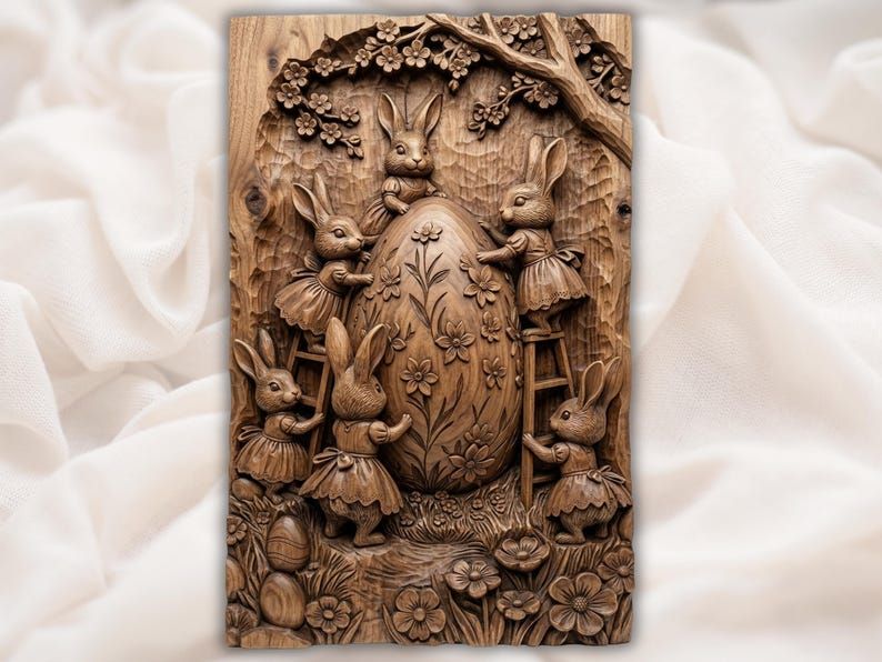 Easter Bunnies Decorating a Floral Egg Bas-Relief STL bas-relief STL design