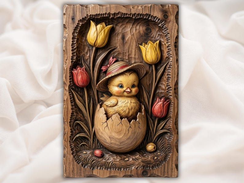 Bas-relief carving of a fluffy baby chick in a straw hat hatching from an egg, framed by red and yellow tulips