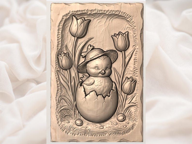 Baby Chick in Cracked Egg with Tulips Bas-Relief STL bas-relief STL — view 2