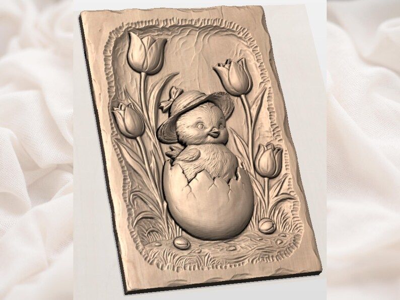Baby Chick in Cracked Egg with Tulips Bas-Relief STL bas-relief STL — view 3