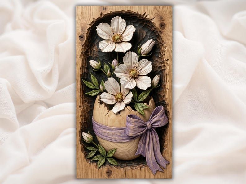 Bas-relief carving of white cosmos flowers in a cracked egg vase tied with a purple ribbon bow