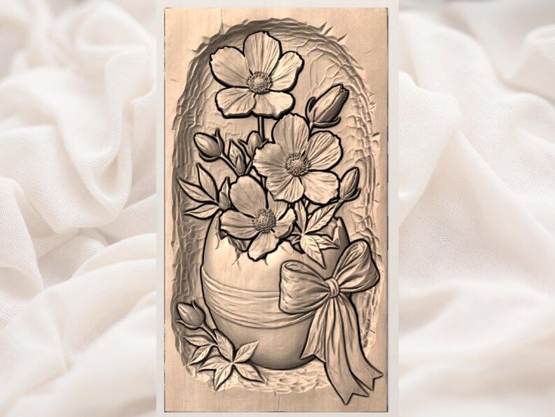 Cracked Easter Egg Vase with White Cosmos and Ribbon Bow STL bas-relief STL — view 3
