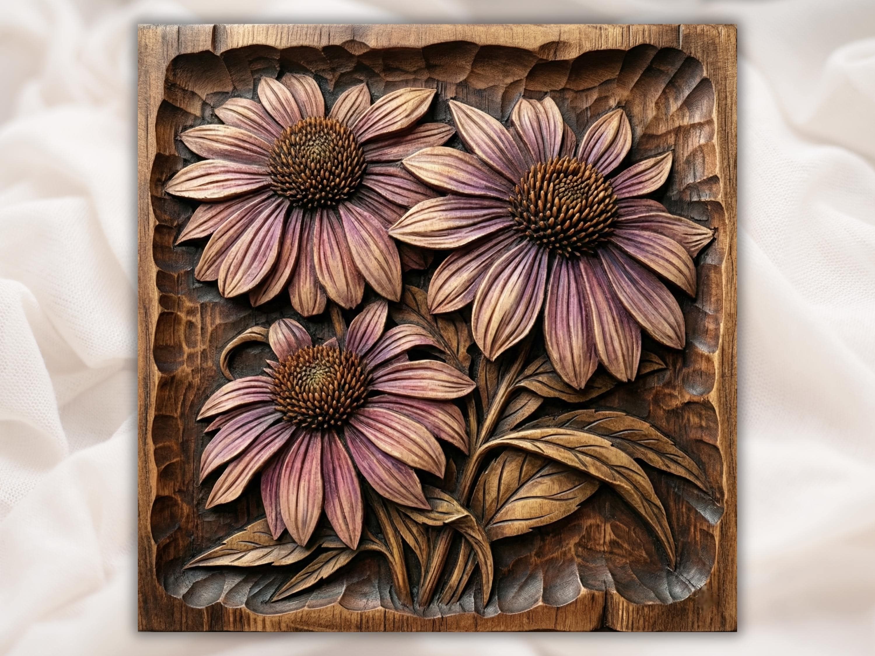 Bas-relief wood carving of three echinacea coneflowers with layered petals, textured cones, stems and leaves.