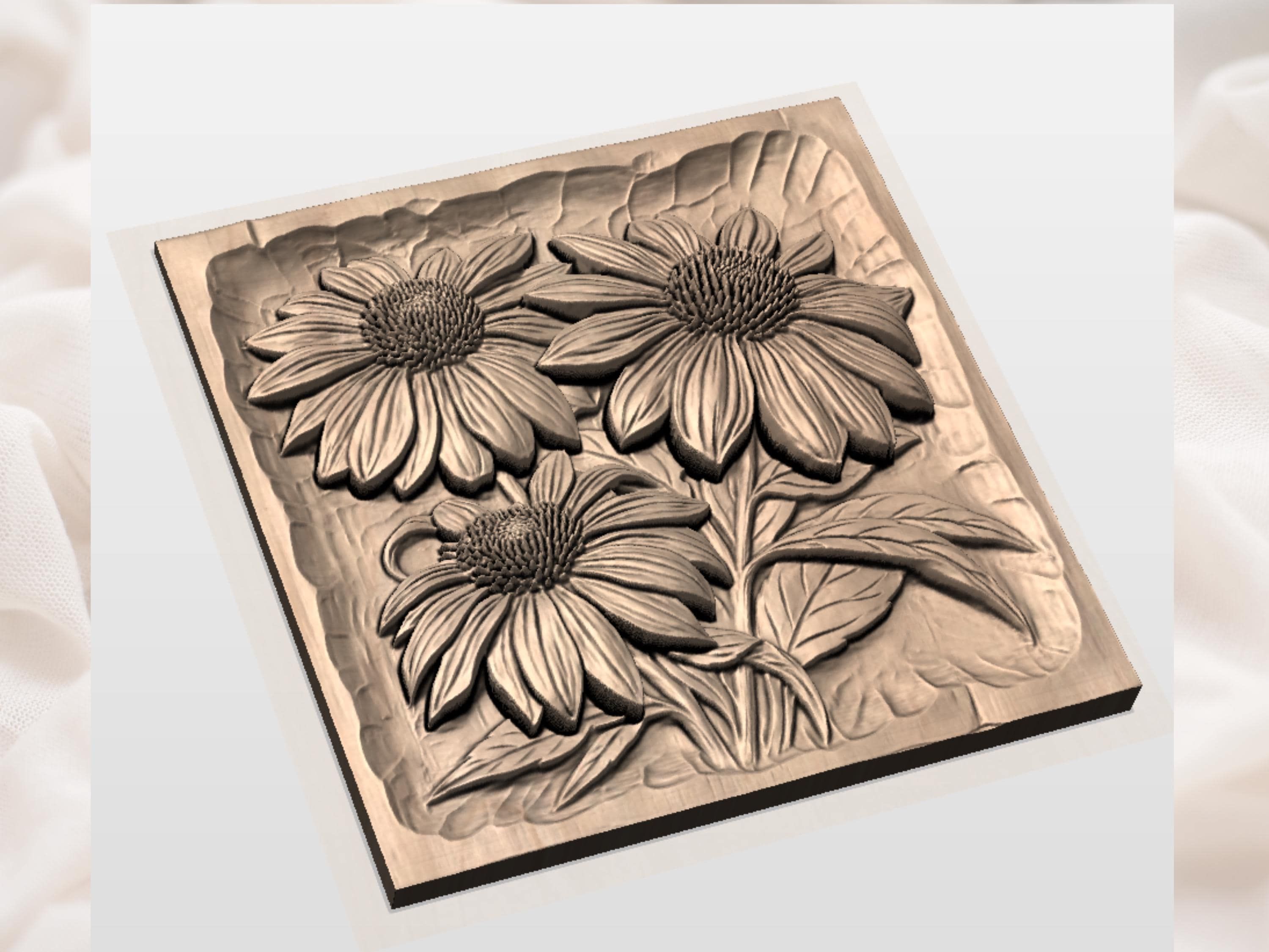 Echinacea Coneflower Trio Bas-Relief STL for CNC Carving bas-relief STL — view 2