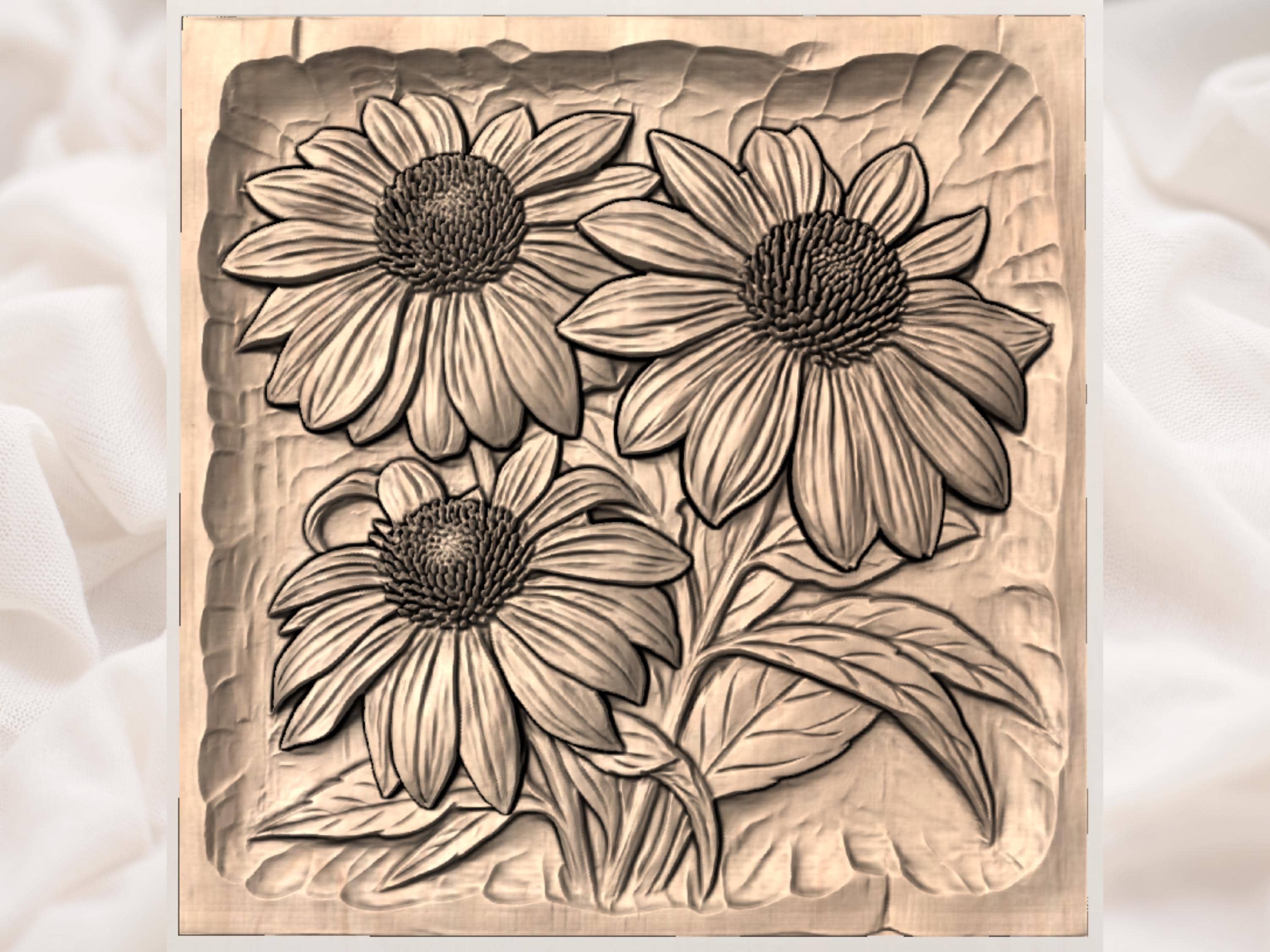 Echinacea Coneflower Trio Bas-Relief STL for CNC Carving bas-relief STL — view 3