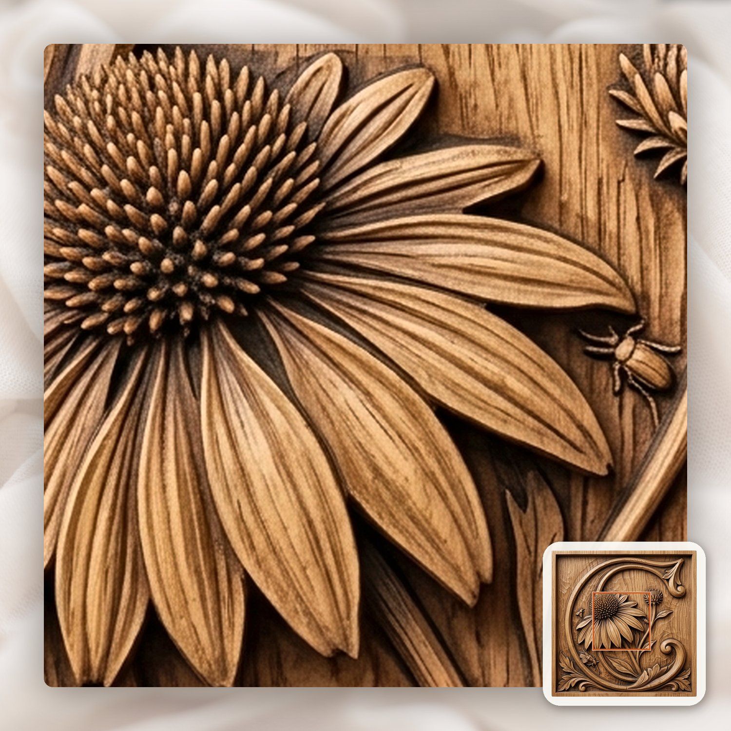 Echinacea Flower Letter C CNC Relief STL bas-relief STL — view 10