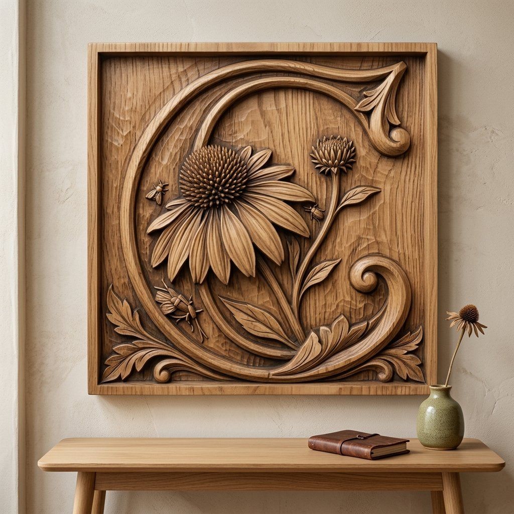 Echinacea Flower Letter C CNC Relief STL bas-relief STL — view 12