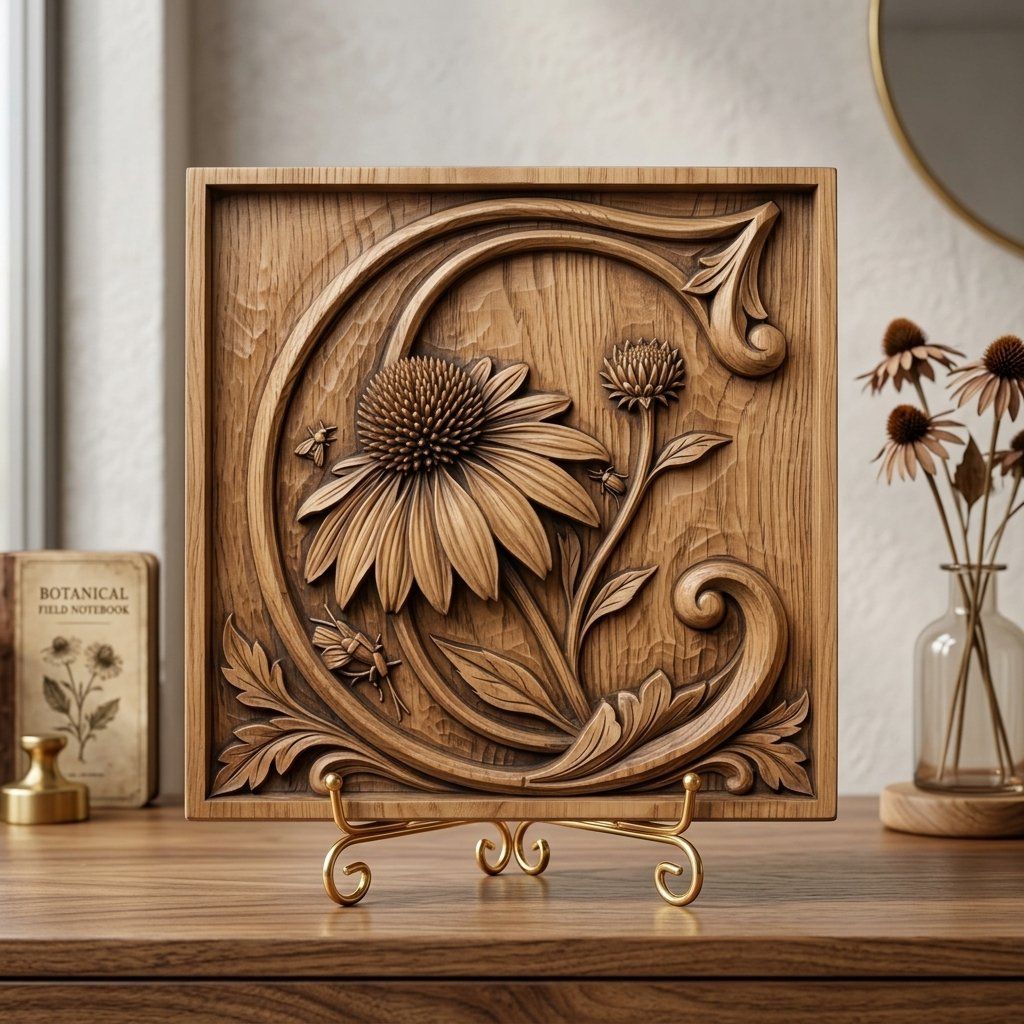 Echinacea Flower Letter C CNC Relief STL bas-relief STL — view 13