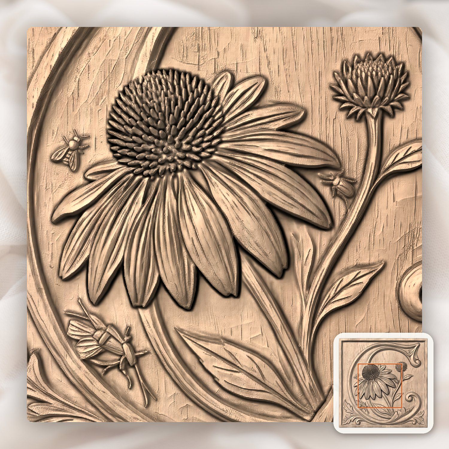 Echinacea Flower Letter C CNC Relief STL bas-relief STL — view 5