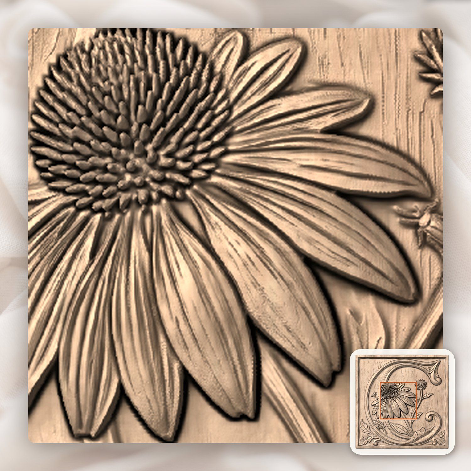 Echinacea Flower Letter C CNC Relief STL bas-relief STL — view 6
