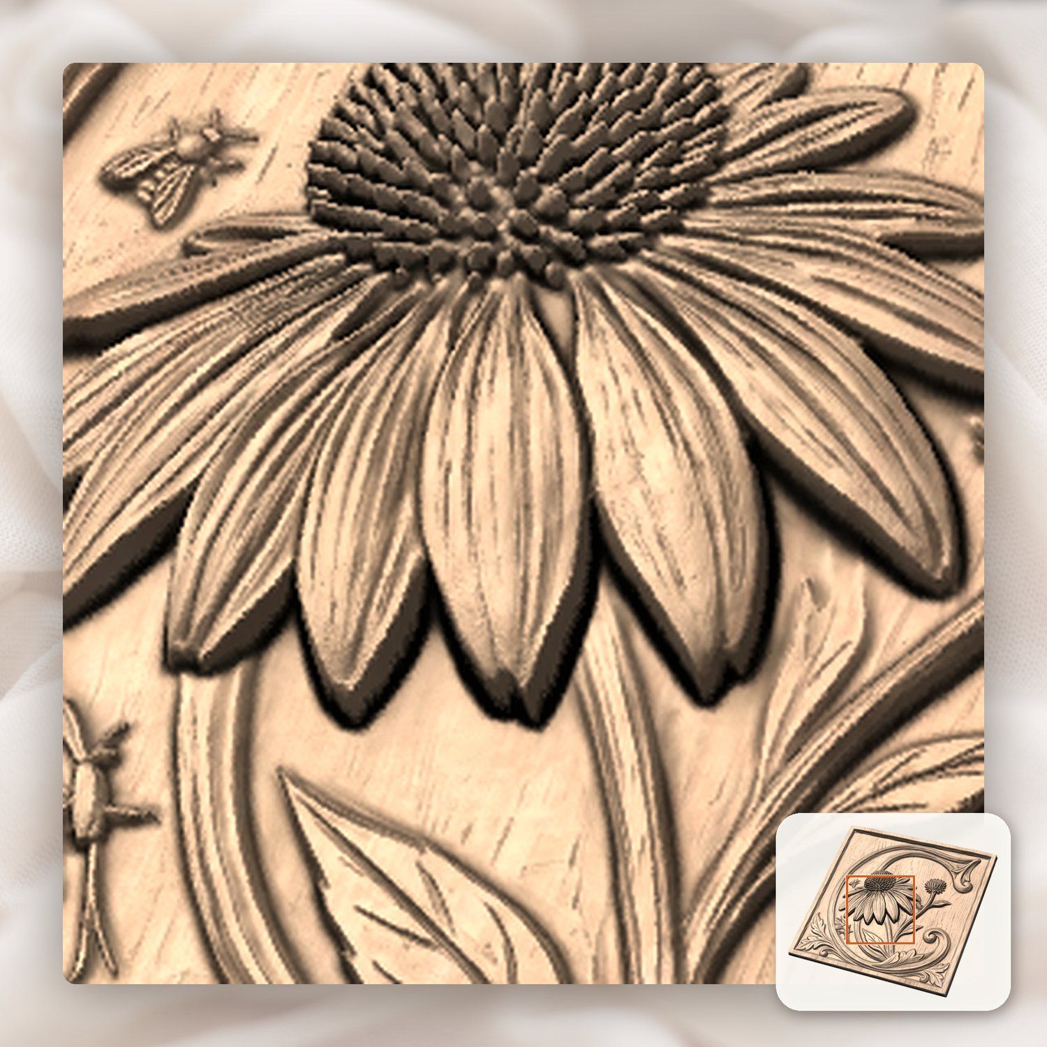 Echinacea Flower Letter C CNC Relief STL bas-relief STL — view 8