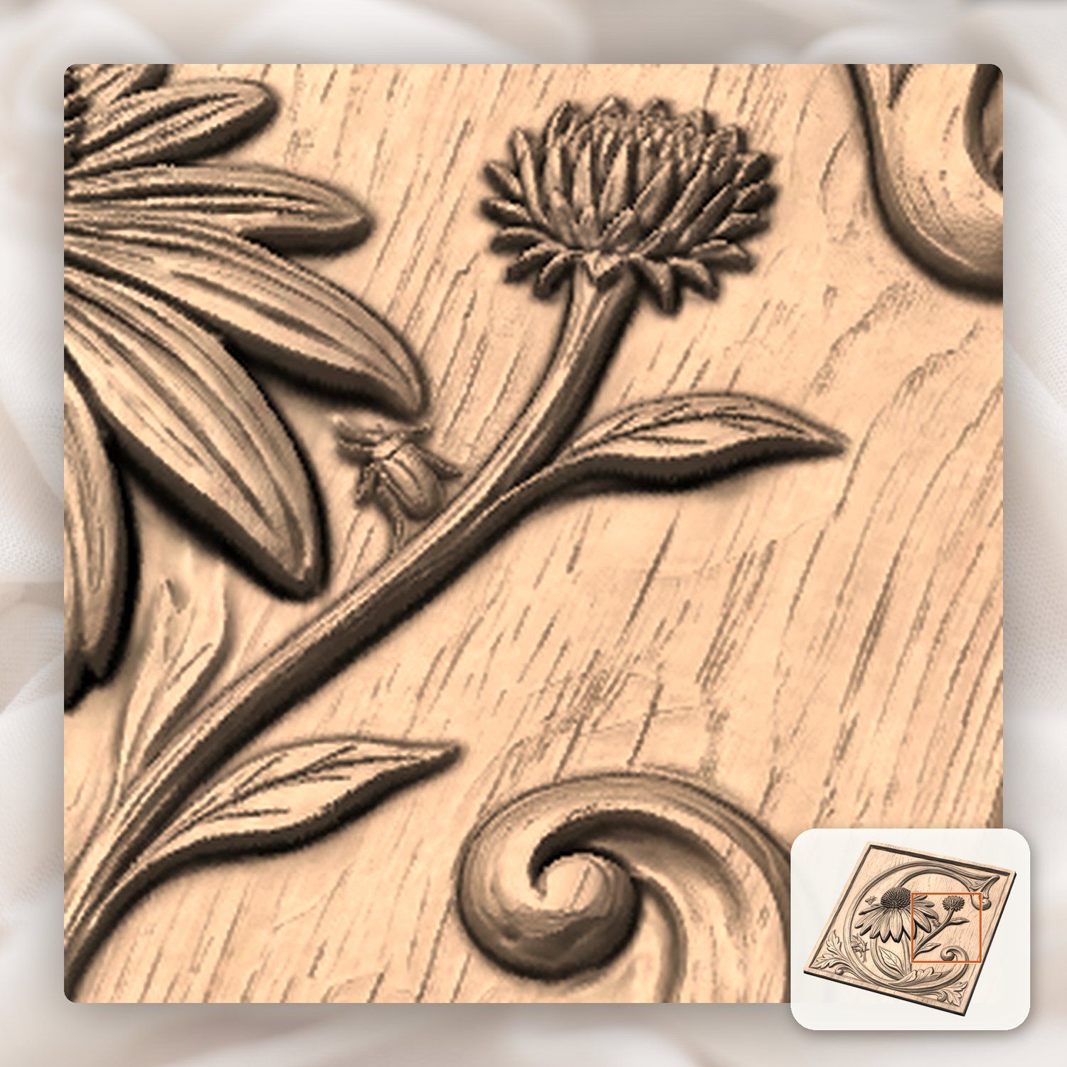 Echinacea Flower Letter C CNC Relief STL bas-relief STL — view 9
