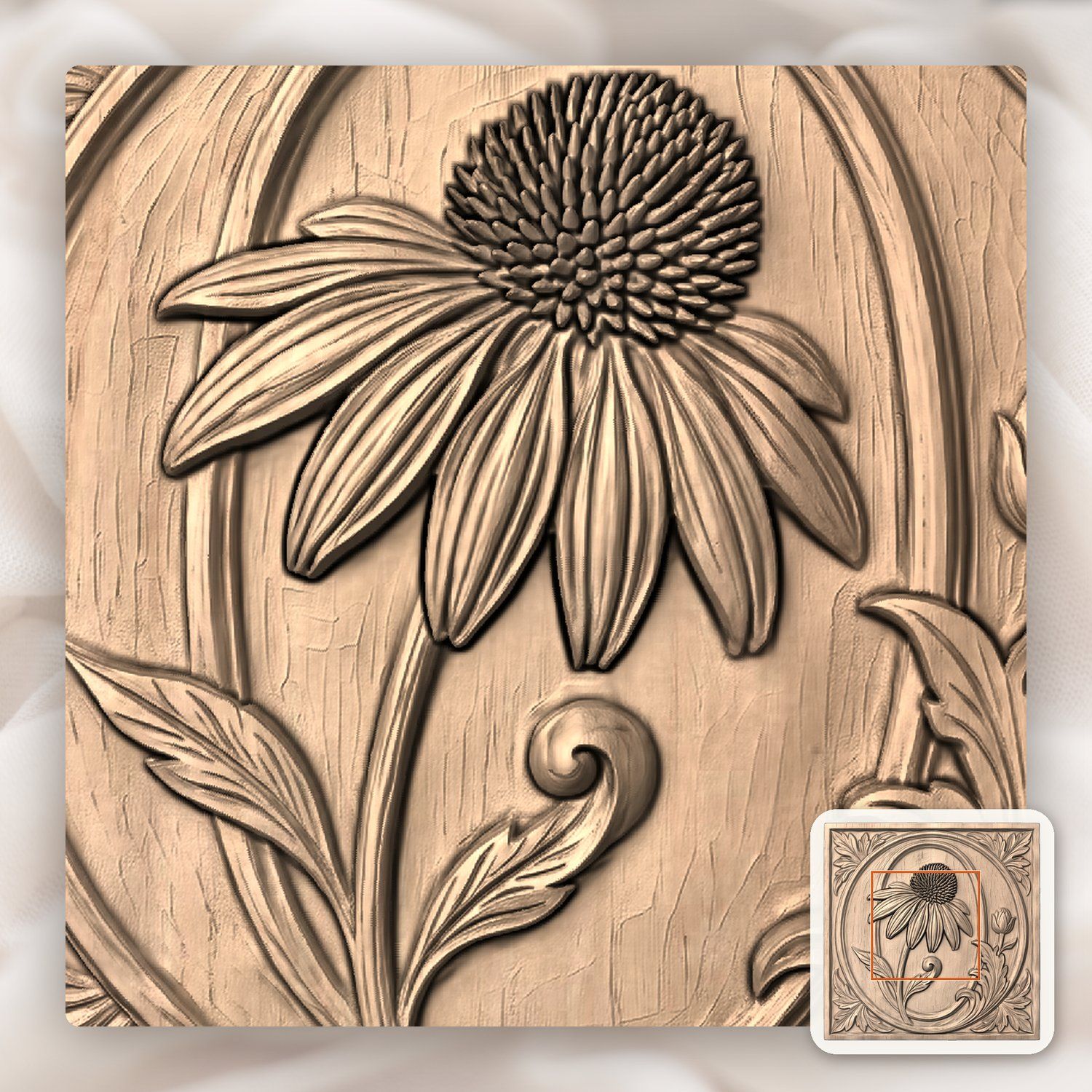 Echinacea Floral Letter O CNC Relief STL bas-relief STL — view 5