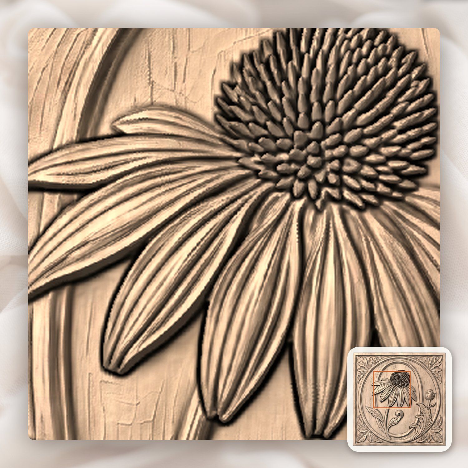 Echinacea Floral Letter O CNC Relief STL bas-relief STL — view 6