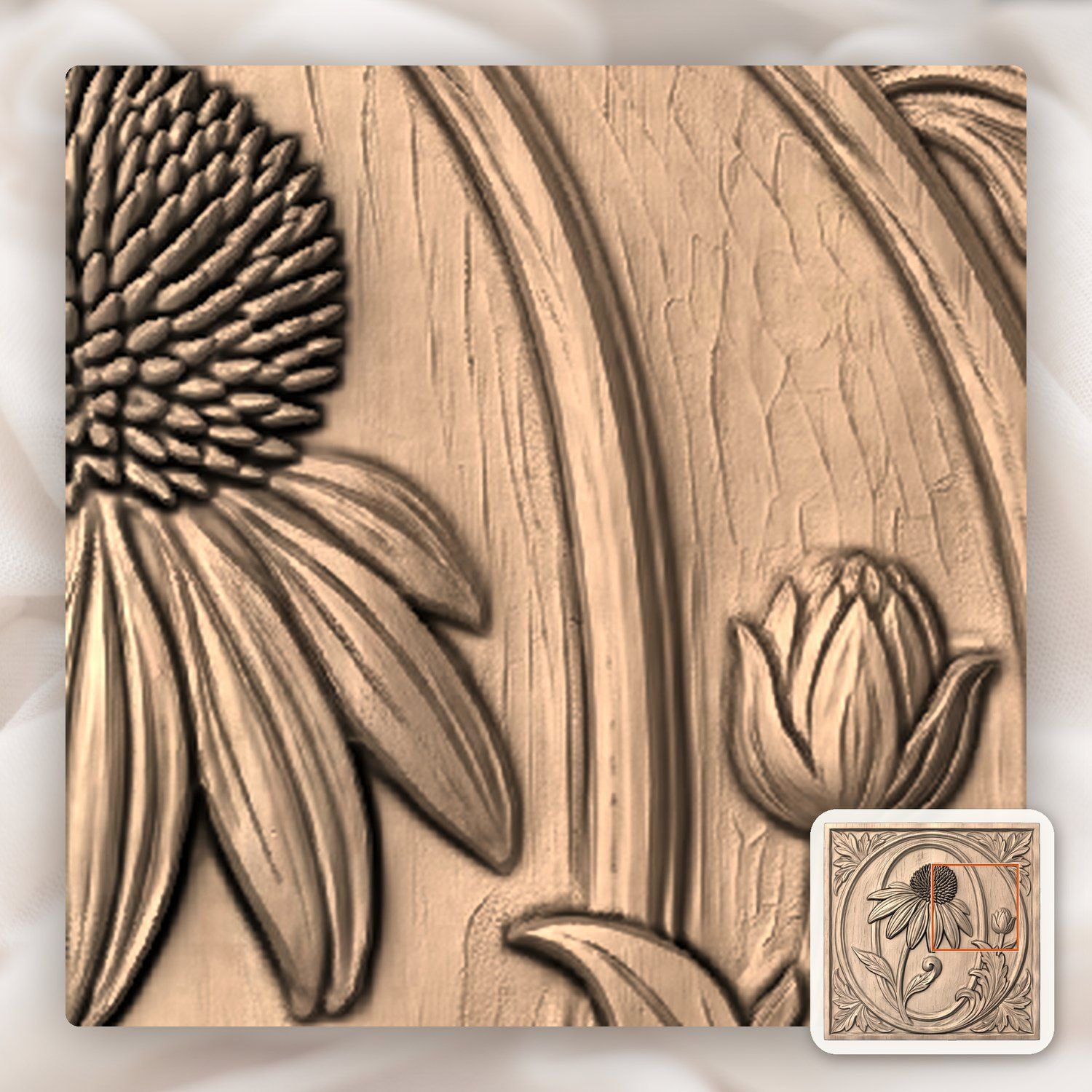 Echinacea Floral Letter O CNC Relief STL bas-relief STL — view 7