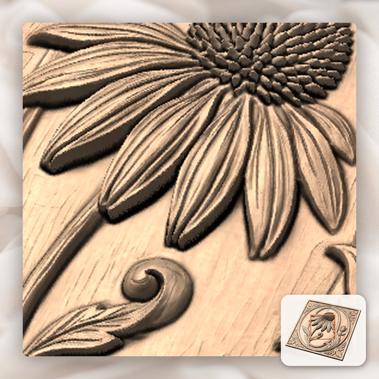 Echinacea Floral Letter O CNC Relief STL bas-relief STL — view 8