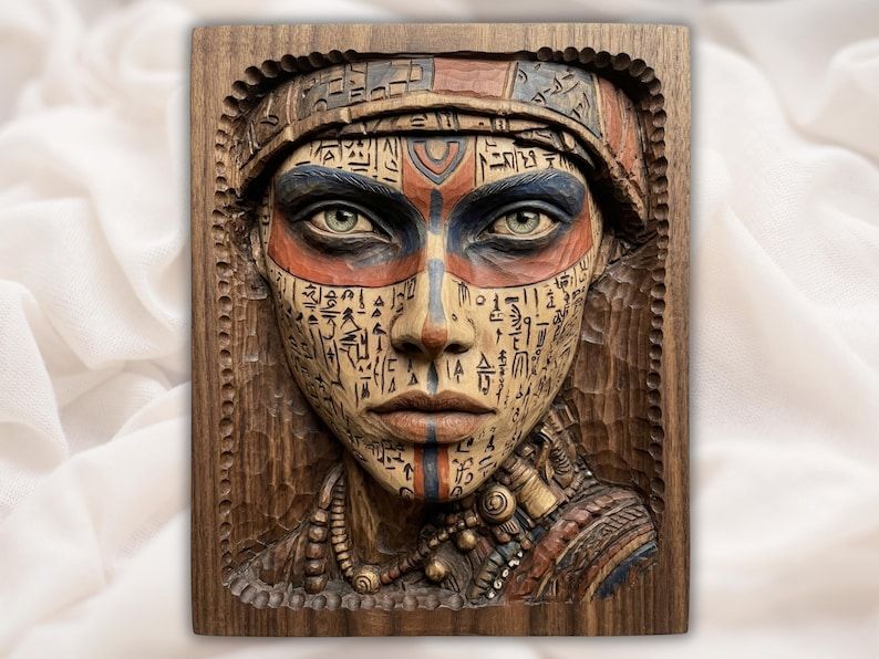 Carved wood relief of an Egyptian queen with hieroglyph face paint, royal headband, and beaded neck adornments.