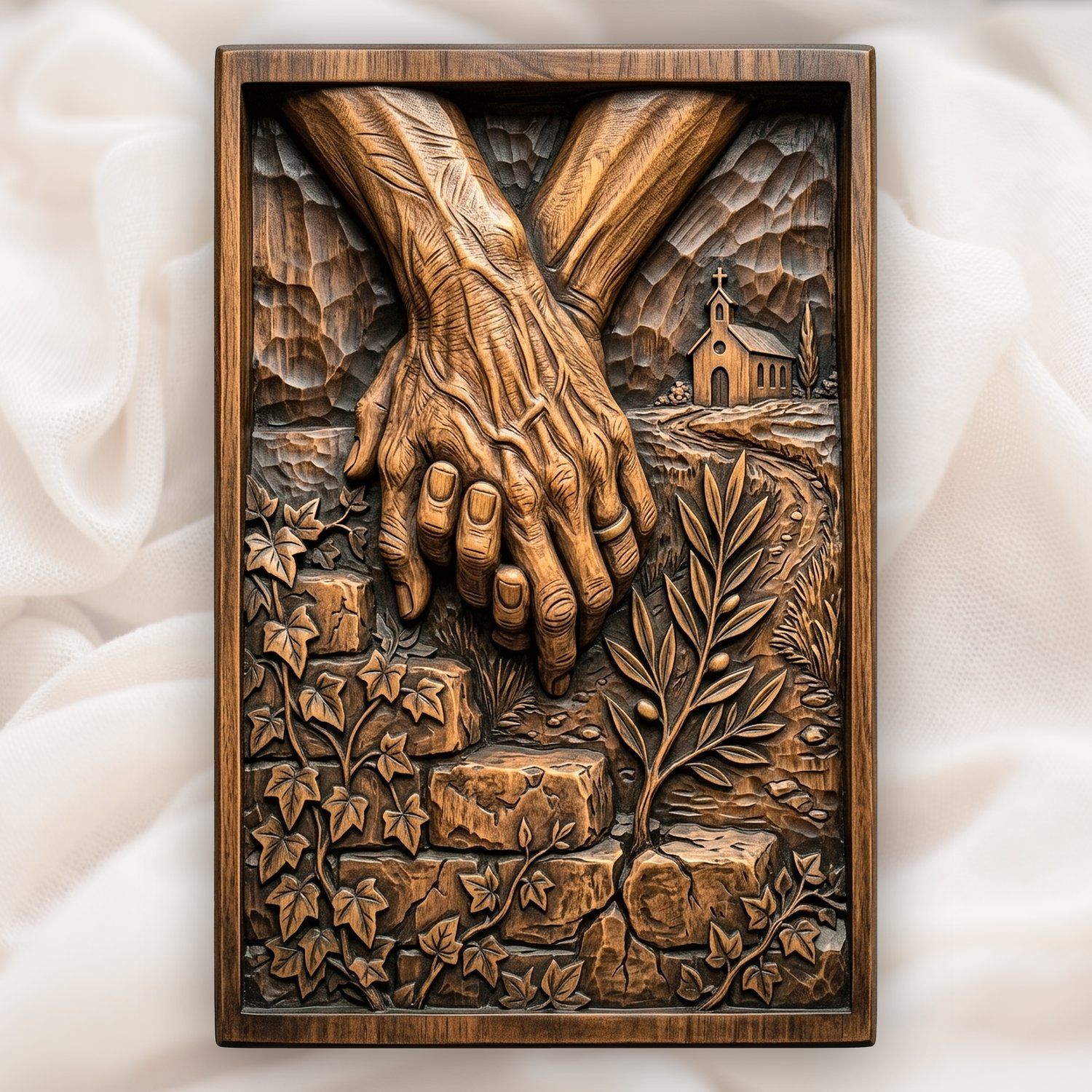 Elderly Hands Holding Church Faith CNC Relief STL | Christian Marriage Anniversary Decor | Religious Wood Carving Design — carved bas relief STL file for CNC