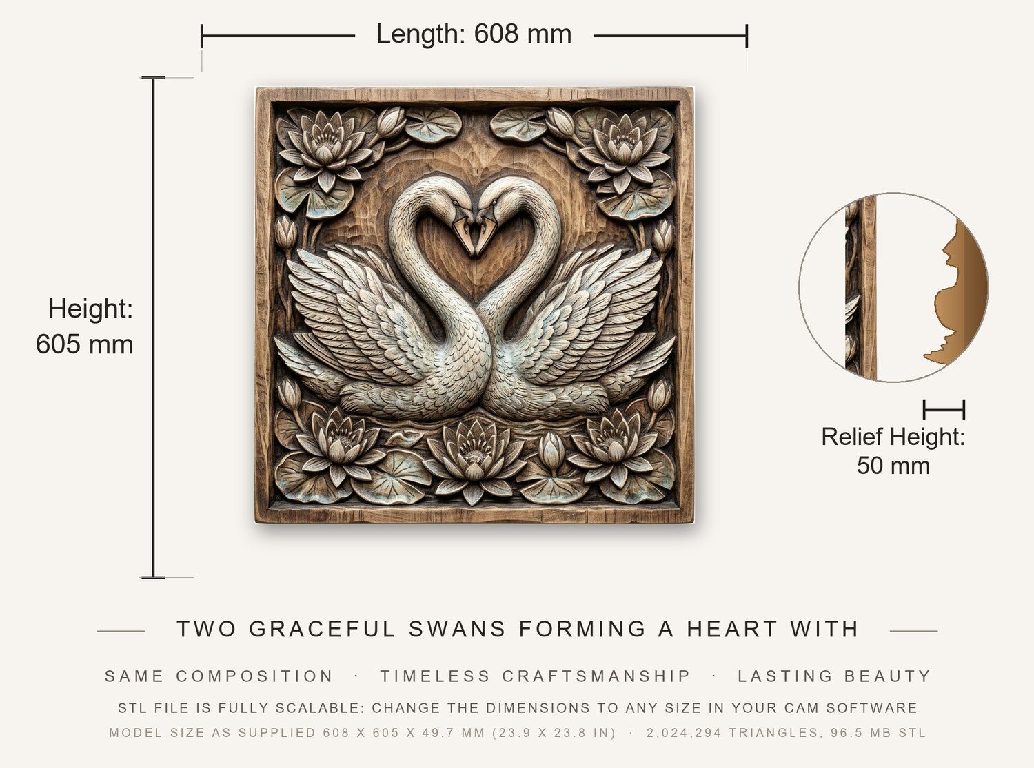 Elegant Heart Swans & Water Lilies CNC Relief STL bas-relief STL — view 3