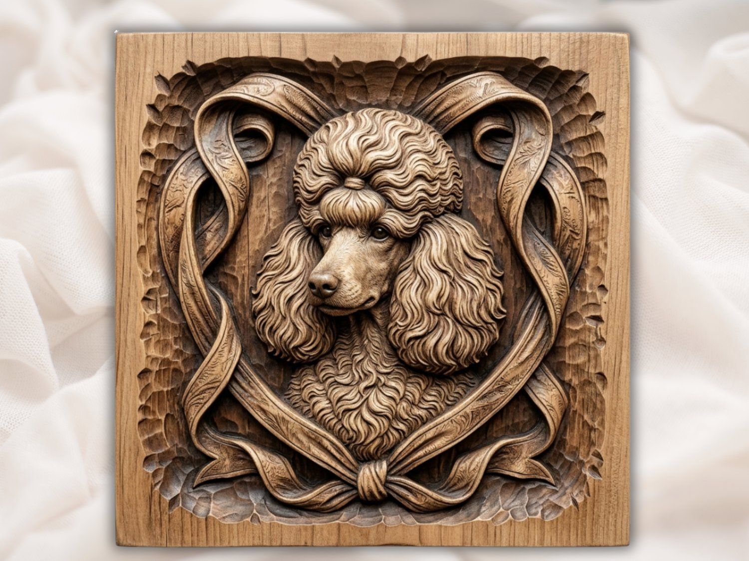 Elegant Poodle Portrait Decorative Panel CNC Relief STL | Custom Dog Breed Wall Art | Wood Carving Animal Decor | Artisan Woodwork Design — carved bas relief STL file for CNC