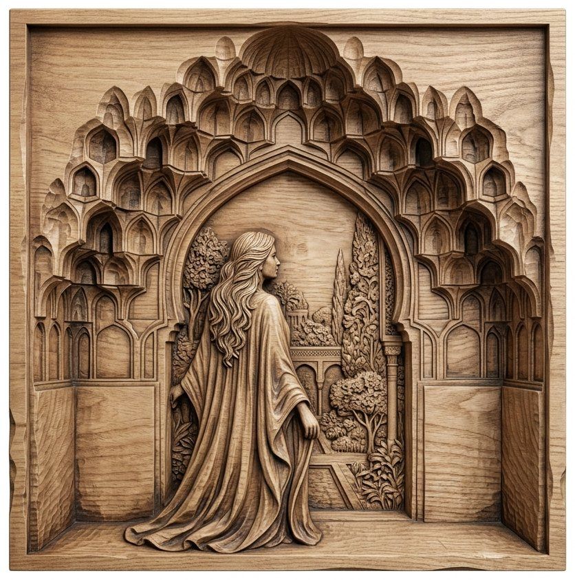 Elegant Woman Garden Archway CNC Relief STL | Muqarnas Architecture Wall Art | Exotic Landscape Carving Design | VCarve Aspire — carved bas relief STL file for CNC