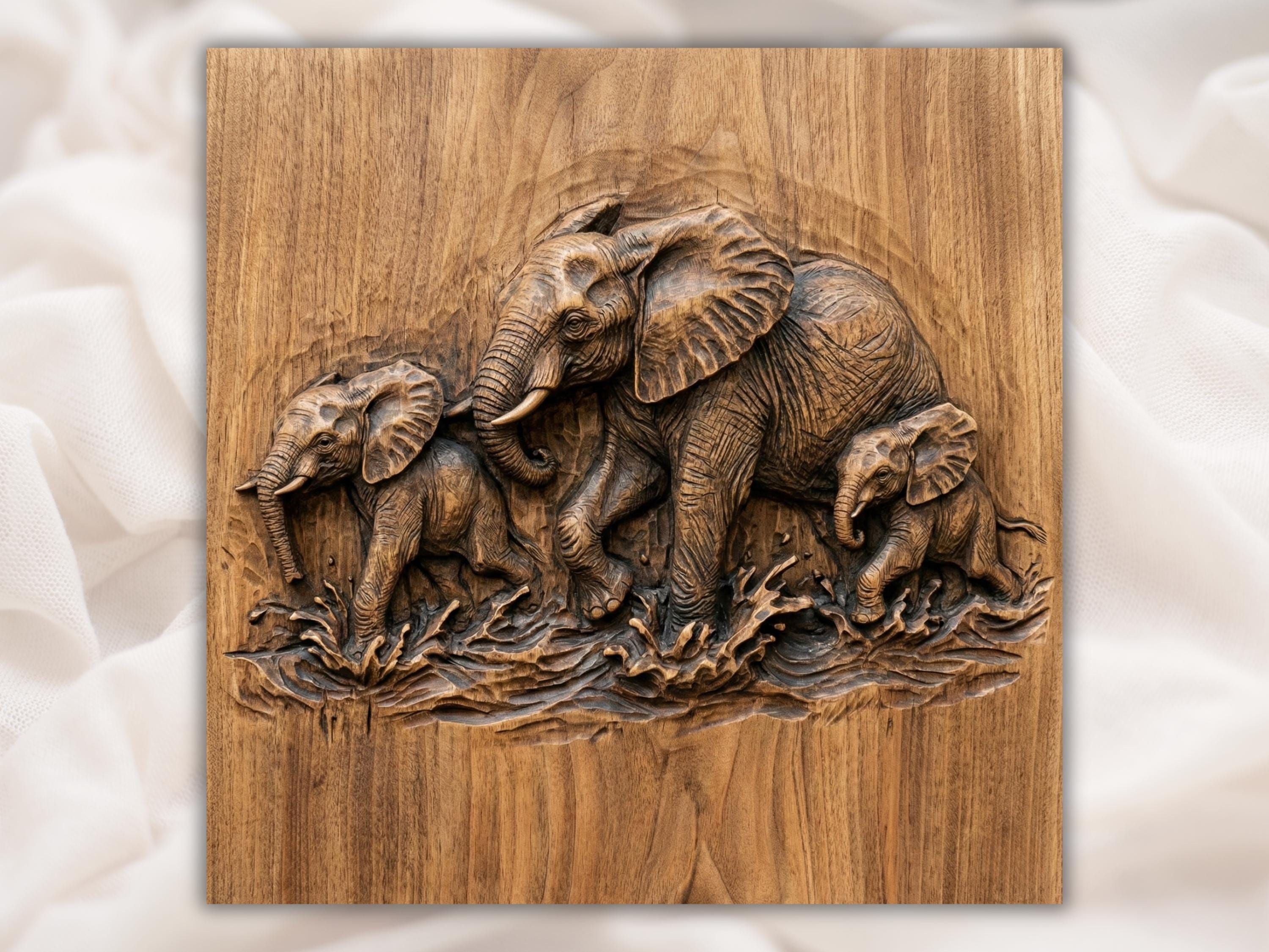 Bas-relief wood carving of an elephant striding through splashing water with detailed skin and large ears