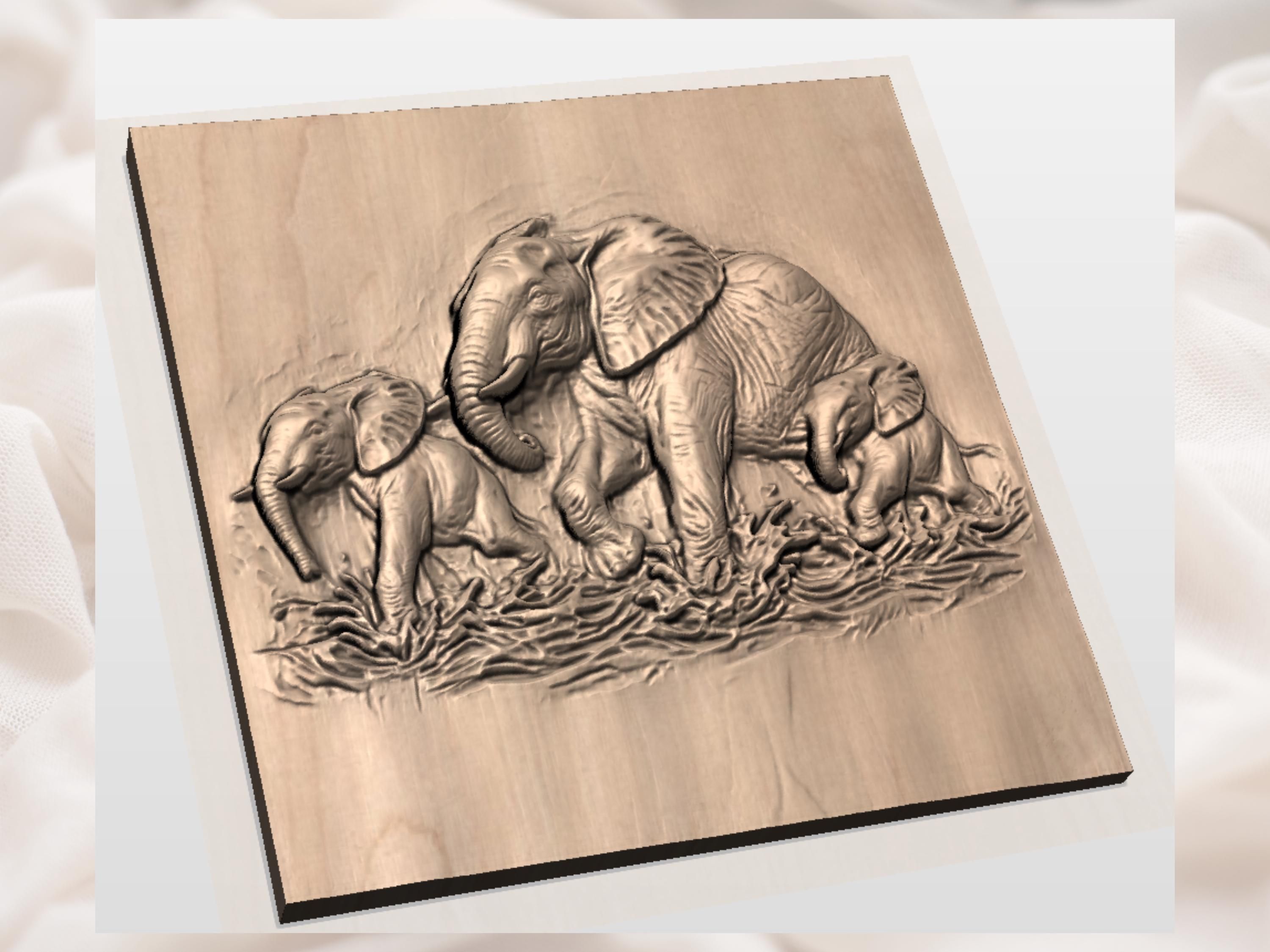 Elephant Striding Through Water Bas-Relief STL for CNC bas-relief STL — view 3