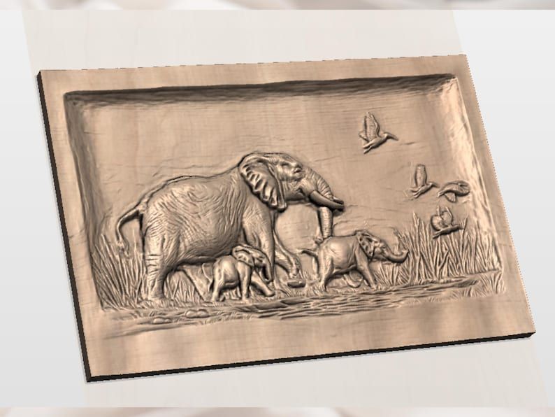 Elephant Family at the Watering Hole Bas-Relief STL bas-relief STL — view 2