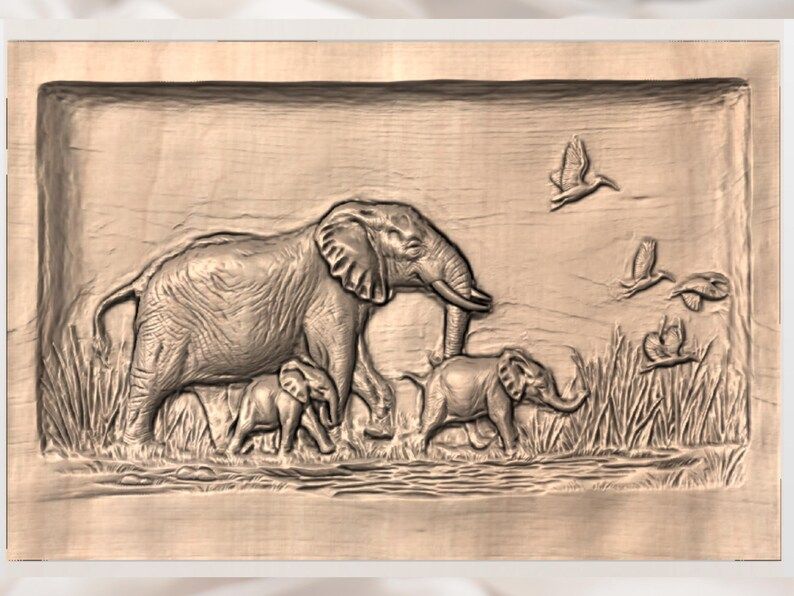 Elephant Family at the Watering Hole Bas-Relief STL bas-relief STL — view 3