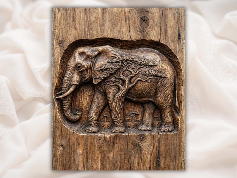 Bas-relief wood carving of an African elephant with an acacia tree growing from its body on a savanna