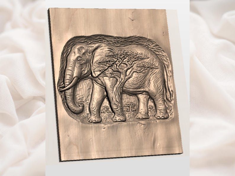 African Elephant Relief STL with Acacia Tree Safari Scene bas-relief STL — view 2