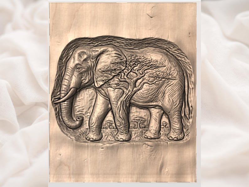 African Elephant Relief STL with Acacia Tree Safari Scene bas-relief STL — view 3