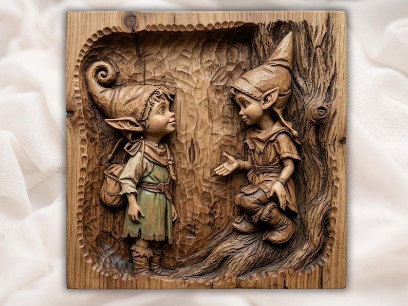 Carved wood relief of two elf children meeting beside a textured tree trunk, one standing with a bag