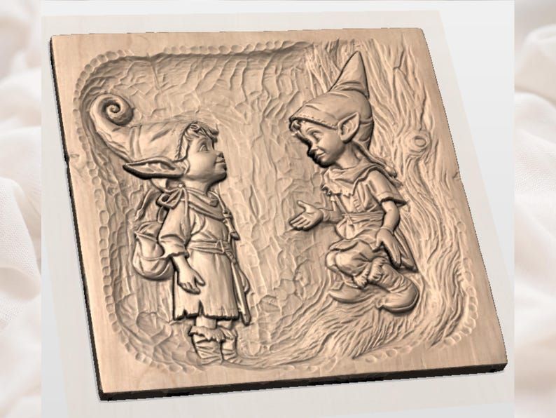Two Elf Children Meeting by a Tree STL Relief Carving bas-relief STL — view 2